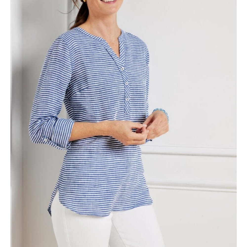 Talbots Linen Band Collar Popover Sweet Stripe. Size L (A7)